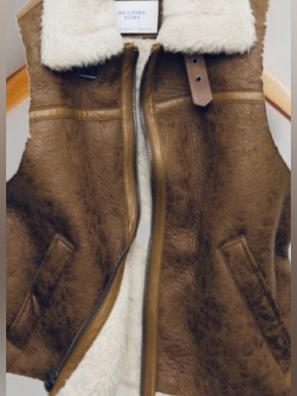 American Eagle Light Brown Faux Leather Shearling Bomber Vest - Size S